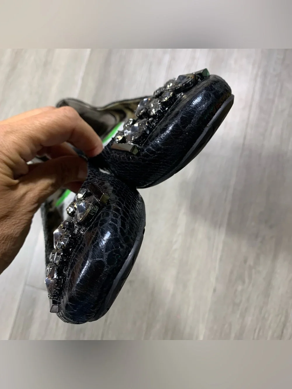 Sam Edelman “Caper” Snakeskin Embossed Texture Black Rhinestone Ballet Flats 11